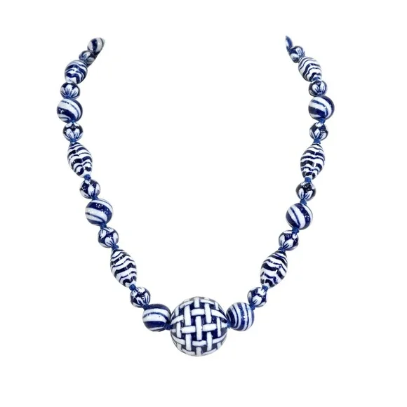 Blue Ceramic Porcelain Basket Weave Bead Necklace Earrings Set Coco 925 - Picture 2 of 9